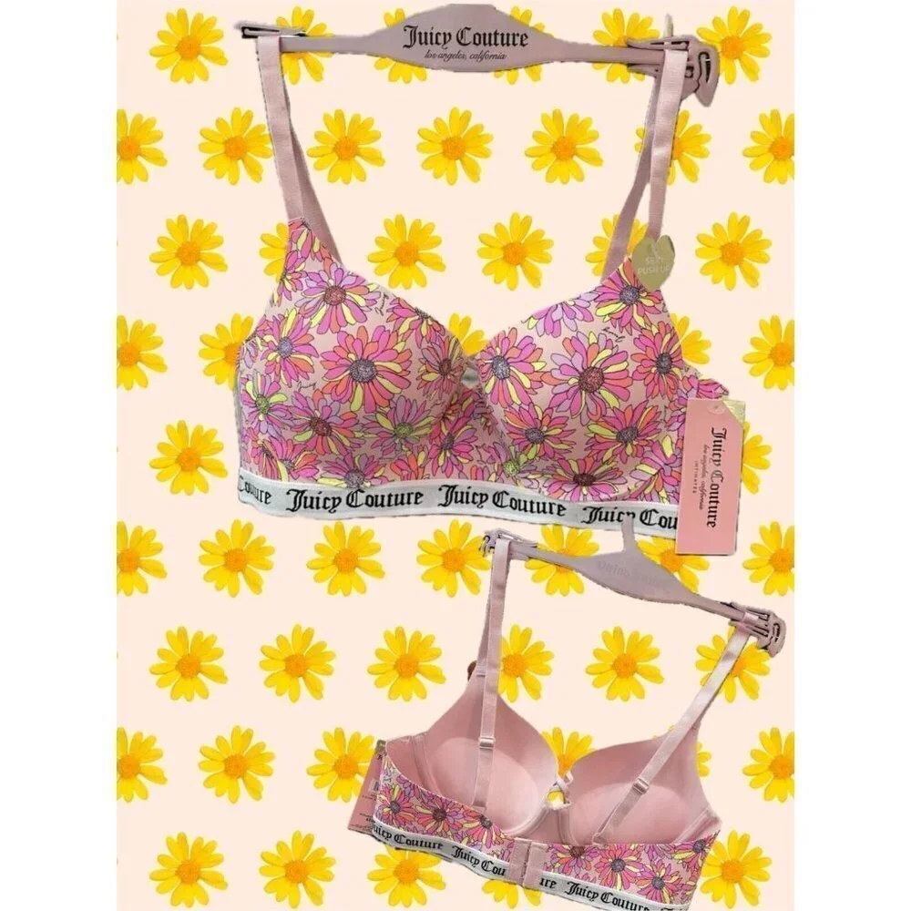 Juicy Couture 36C Pink Floral Print Logo Sculpted Underwire Padded Push-Up Bra